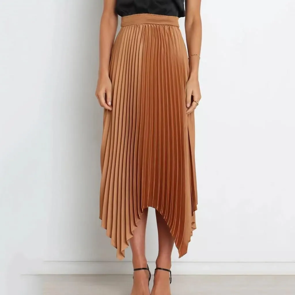 Womens High Waisted Solid Casual Midi Skirt Summer Boho Elastic Waist Pleated Flowy Swing Beach Skirts