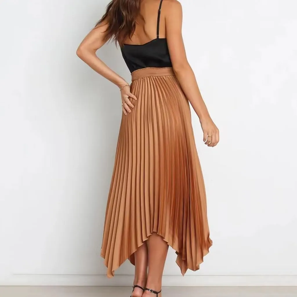 Womens High Waisted Solid Casual Midi Skirt Summer Boho Elastic Waist Pleated Flowy Swing Beach Skirts