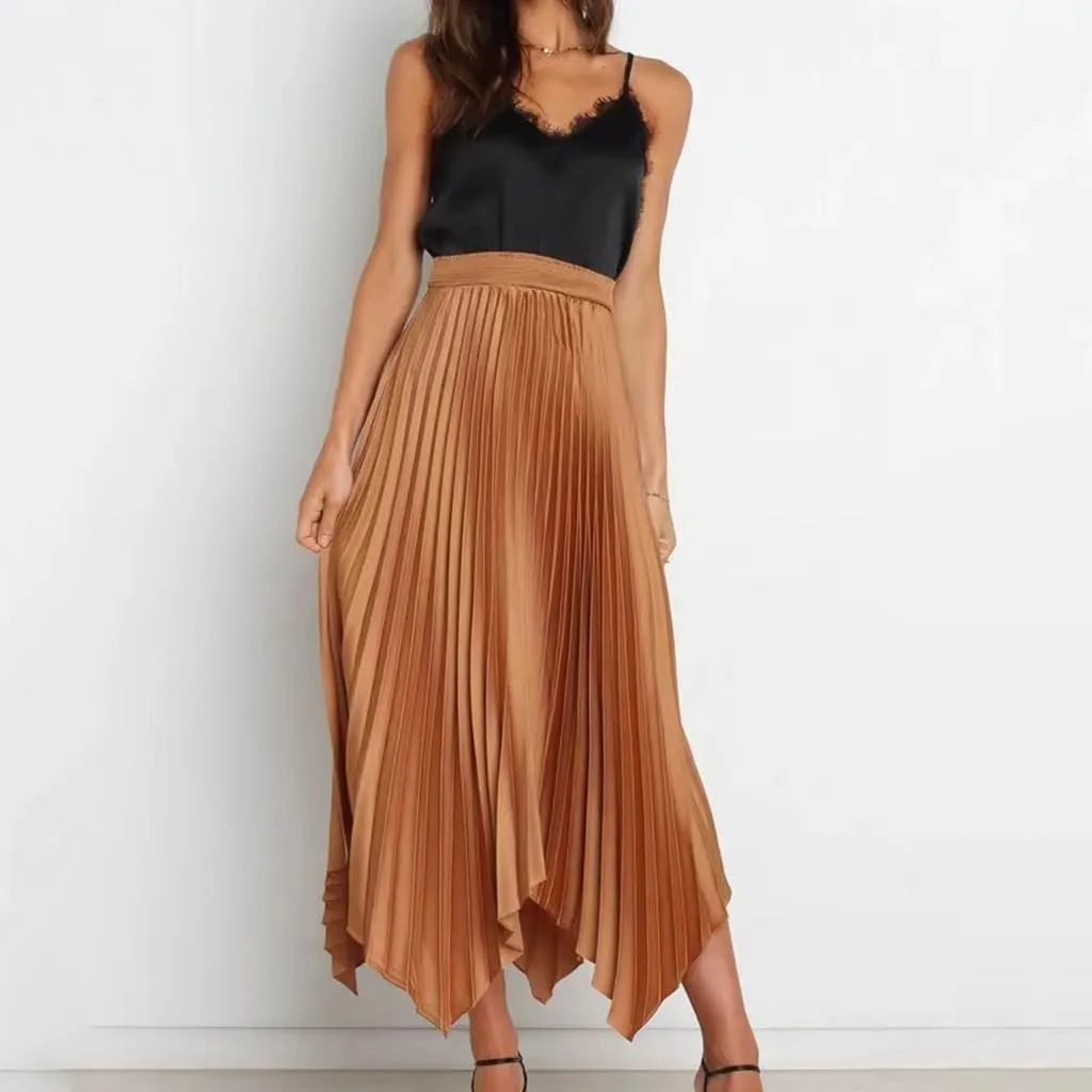 Womens High Waisted Solid Casual Midi Skirt Summer Boho Elastic Waist Pleated Flowy Swing Beach Skirts