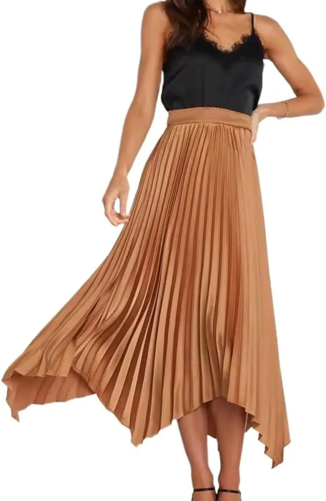 Womens High Waisted Solid Casual Midi Skirt Summer Boho Elastic Waist Pleated Flowy Swing Beach Skirts