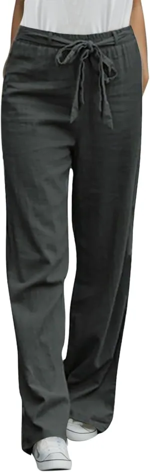 Womens High Waisted Wide Leg Pants Casual Drawstring Elastic Trousers Comfy Straight Leg Long Palazzo Yoga Pants Pocket