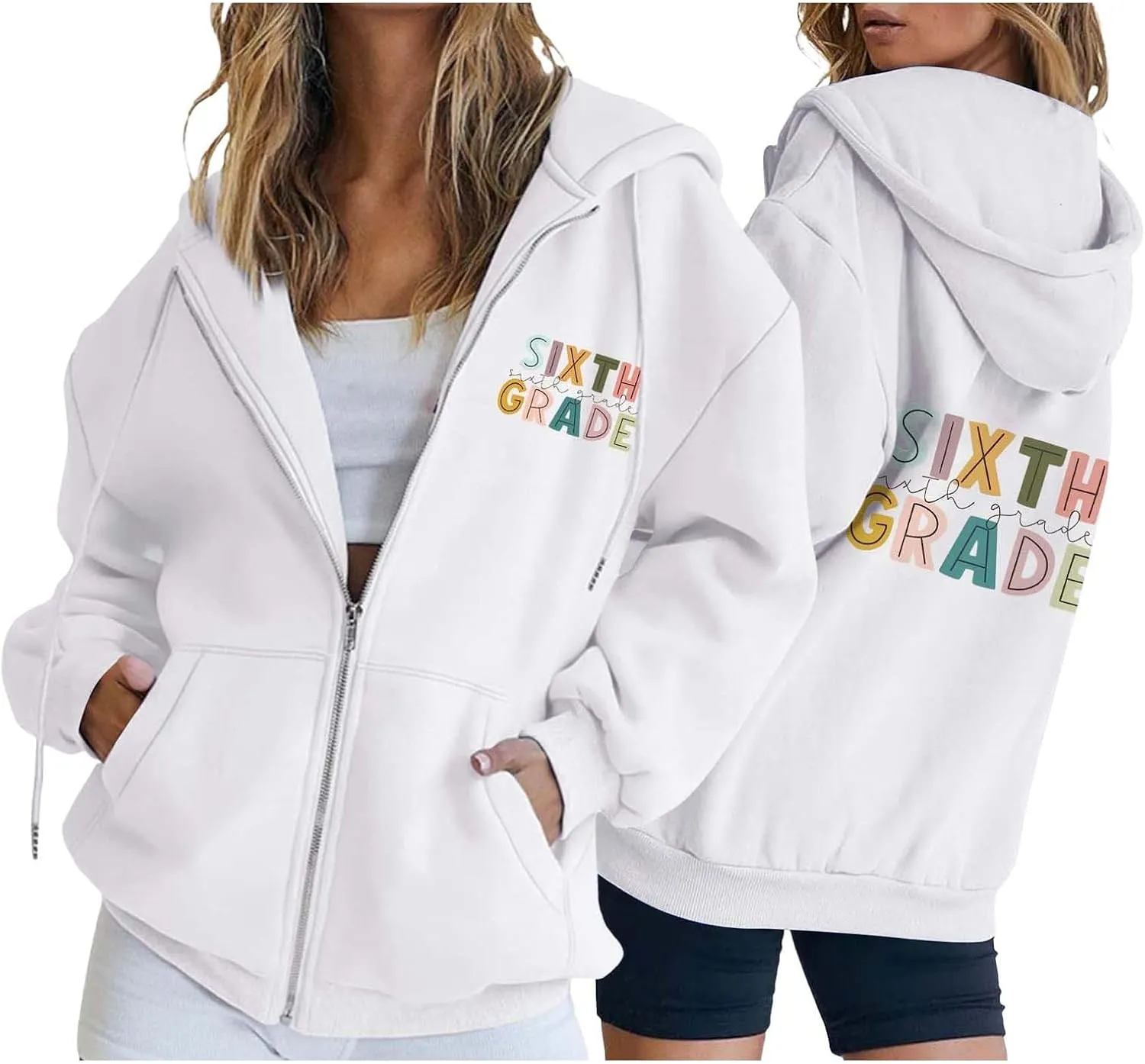 Womens Hoodies Letter Print Drawstring Long Sleeve Hooded Sweatshirt Autumn Casual Coat Zip Up Jackets with Pocketes