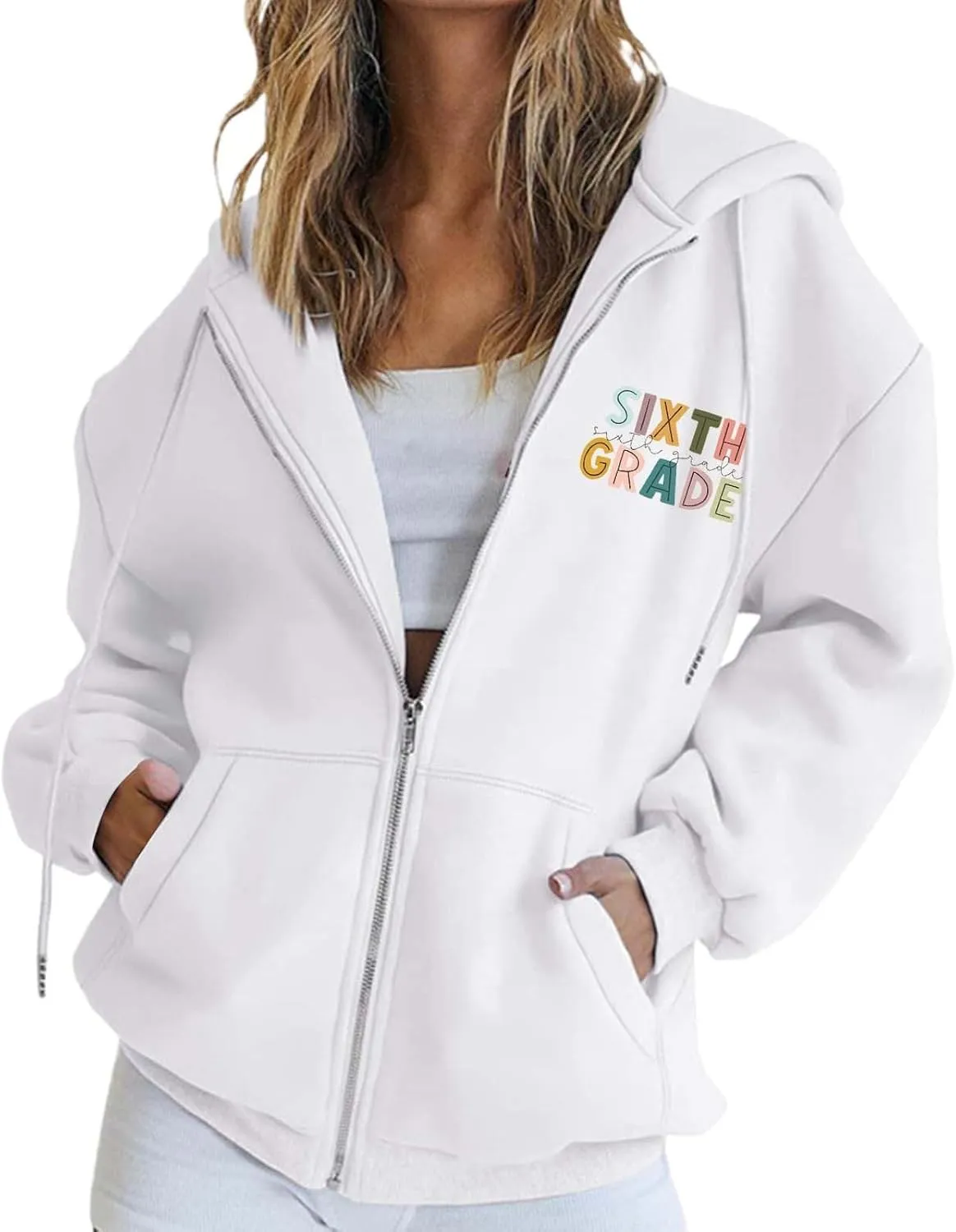 Womens Hoodies Letter Print Drawstring Long Sleeve Hooded Sweatshirt Autumn Casual Coat Zip Up Jackets with Pocketes