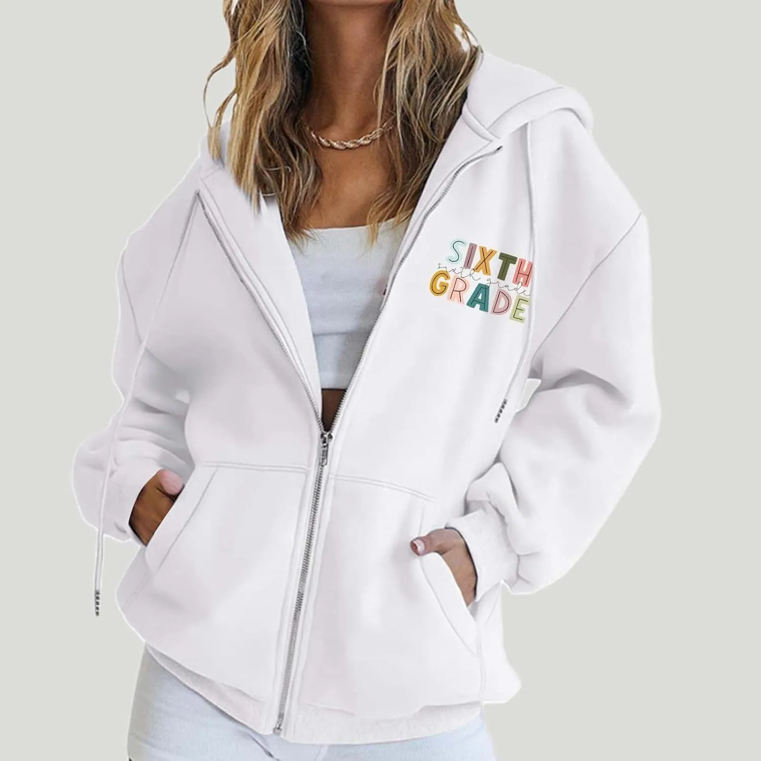 Womens Hoodies Letter Print Drawstring Long Sleeve Hooded Sweatshirt Autumn Casual Coat Zip Up Jackets with Pocketes