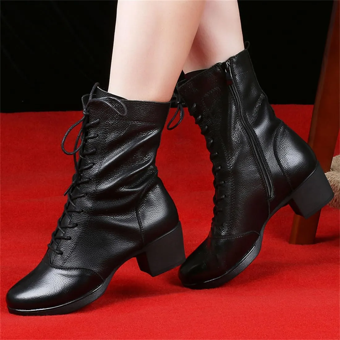 Women's Jazz Boots, Leather Square Heel Dancing Shoes for Ladies Split Sole Ballet Dancing Sneakers