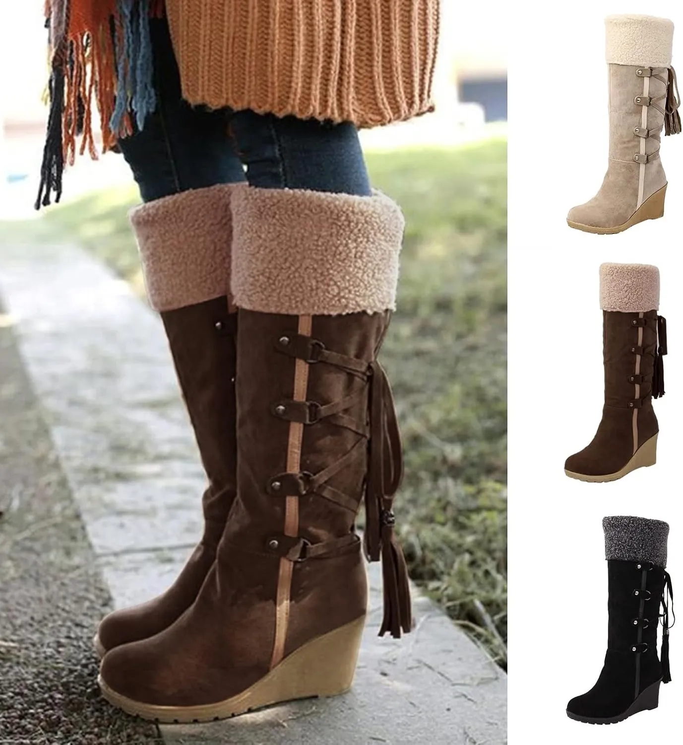 Womens Knee High Boots Over the Knee Boots Winter Warm Lace up Snow Boots for Women Cotton Wedge Heel Long Tall Boots