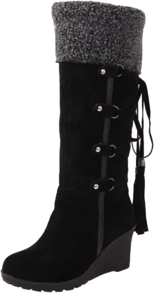 Womens Knee High Boots Over the Knee Boots Winter Warm Lace up Snow Boots for Women Cotton Wedge Heel Long Tall Boots