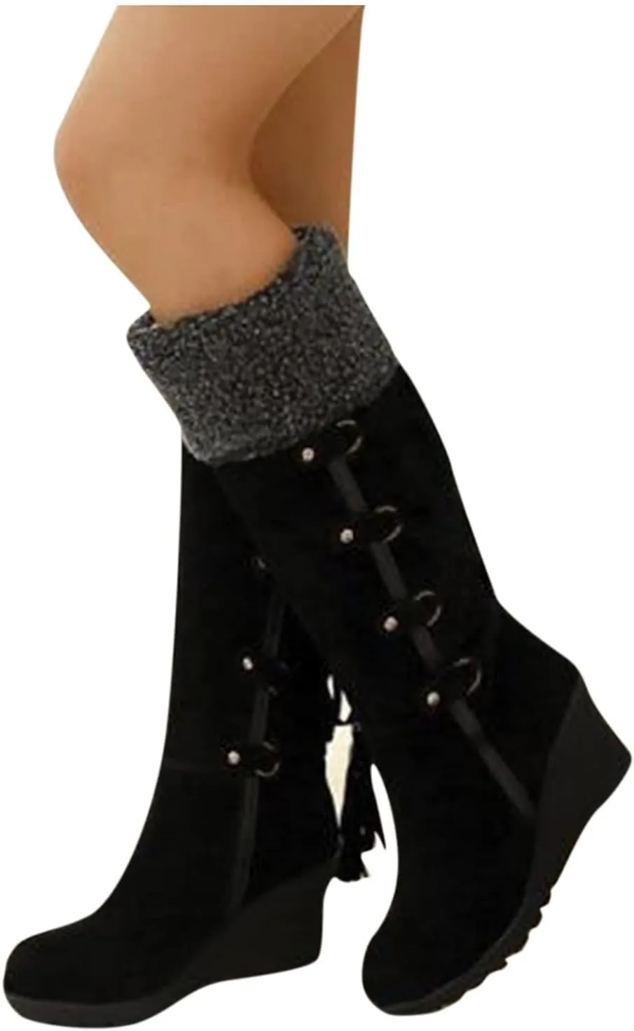 Womens Knee High Boots Over the Knee Boots Winter Warm Lace up Snow Boots for Women Cotton Wedge Heel Long Tall Boots