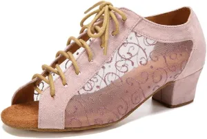 Women's Lace-up Ballroom Latin Dance Shoes Peep Toe Salsa Tango Dance Practice Shoes Low Heel