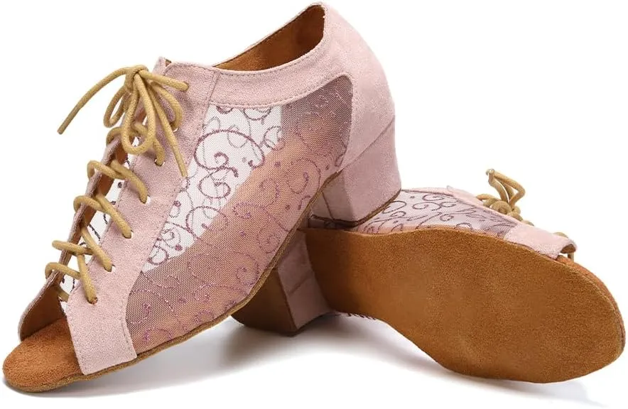 Women's Lace-up Ballroom Latin Dance Shoes Peep Toe Salsa Tango Dance Practice Shoes Low Heel