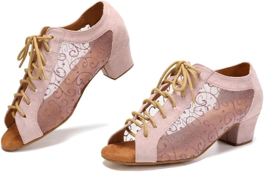 Women's Lace-up Ballroom Latin Dance Shoes Peep Toe Salsa Tango Dance Practice Shoes Low Heel