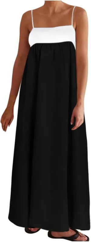 Womens Linen Maxi Dress Contrast Trim Spaghetti Straps Summer Outfits Sleeveless Long Dresses Women's Maxi Dress