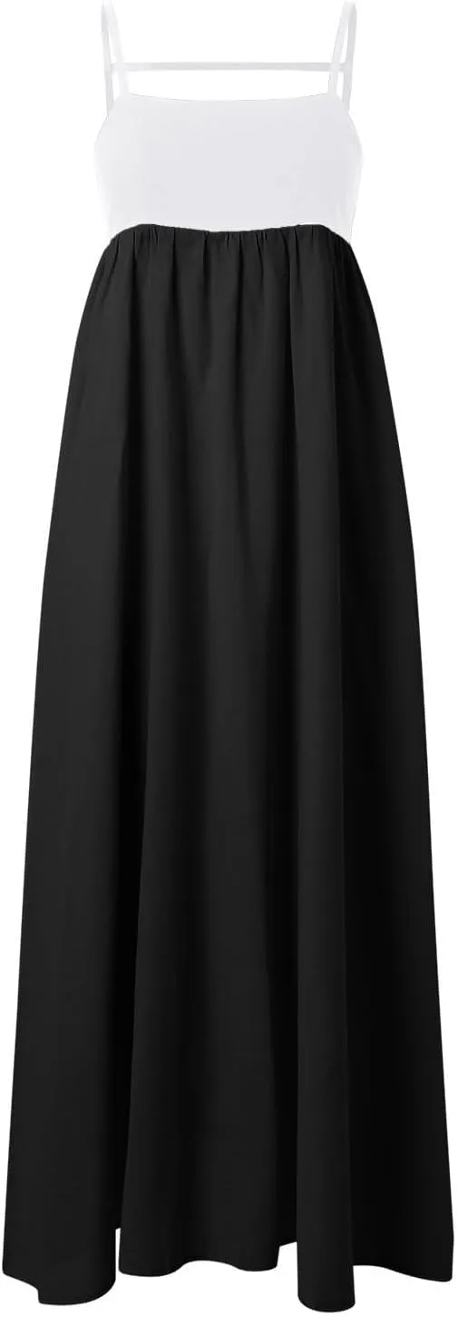 Womens Linen Maxi Dress Contrast Trim Spaghetti Straps Summer Outfits Sleeveless Long Dresses Women's Maxi Dress