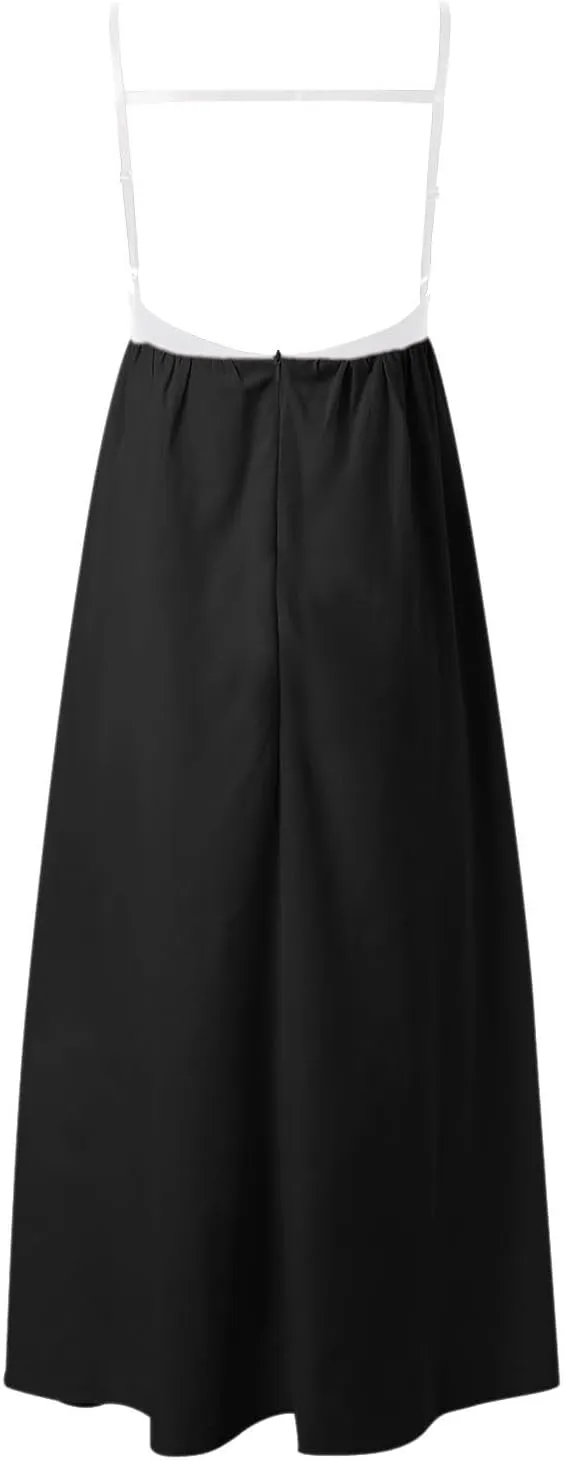 Womens Linen Maxi Dress Contrast Trim Spaghetti Straps Summer Outfits Sleeveless Long Dresses Women's Maxi Dress