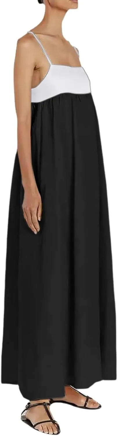 Womens Linen Maxi Dress Contrast Trim Spaghetti Straps Summer Outfits Sleeveless Long Dresses Women's Maxi Dress
