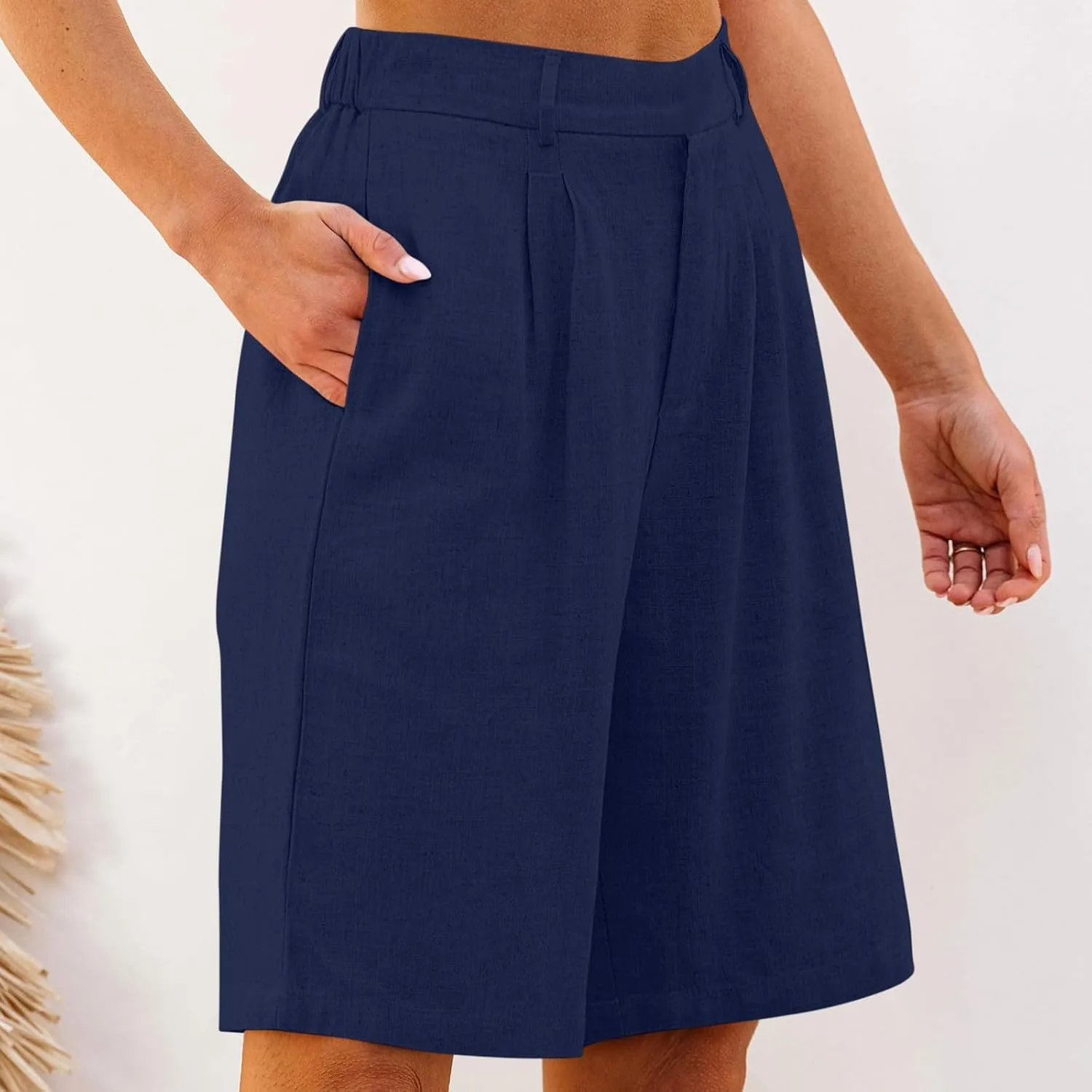 Women's Linen Shorts Summer Elastic High Waisted Wide Leg Bermuda Shorts Casual Loose Solid Color Jogger Short Pants