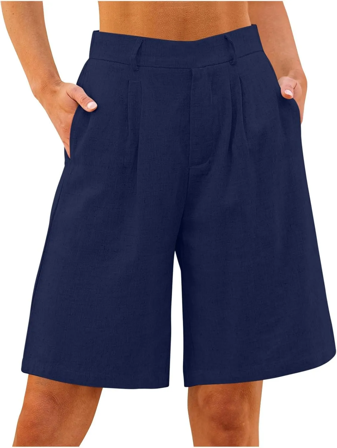 Women's Linen Shorts Summer Elastic High Waisted Wide Leg Bermuda Shorts Casual Loose Solid Color Jogger Short Pants