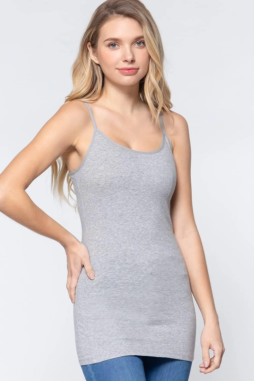 Women's Long Camisole Tank Top Basic Long Length Adjustable Spaghetti Strap Solid Cotton Camisoles Cami Tank Top