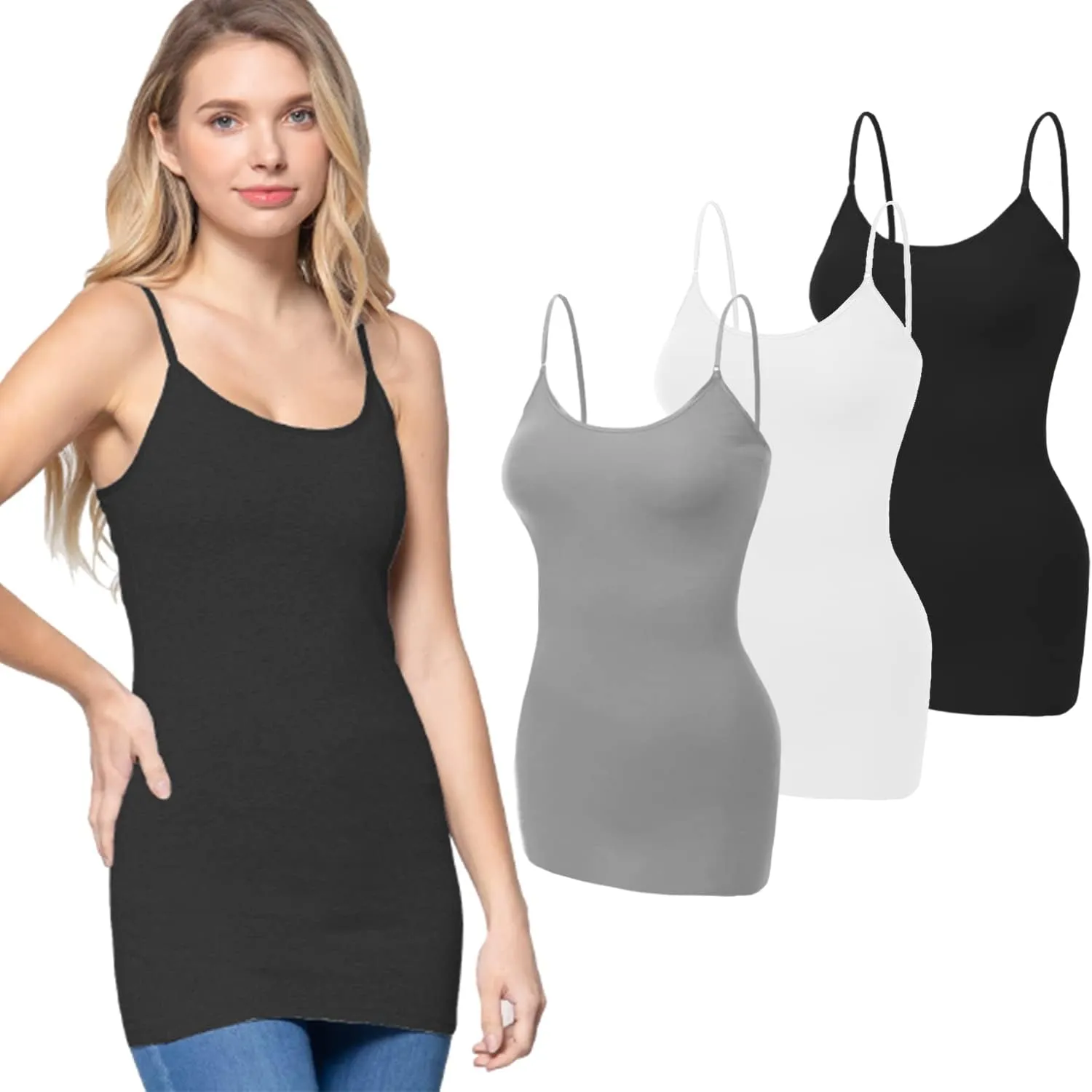 Women's Long Camisole Tank Top Basic Long Length Adjustable Spaghetti Strap Solid Cotton Camisoles Cami Tank Top