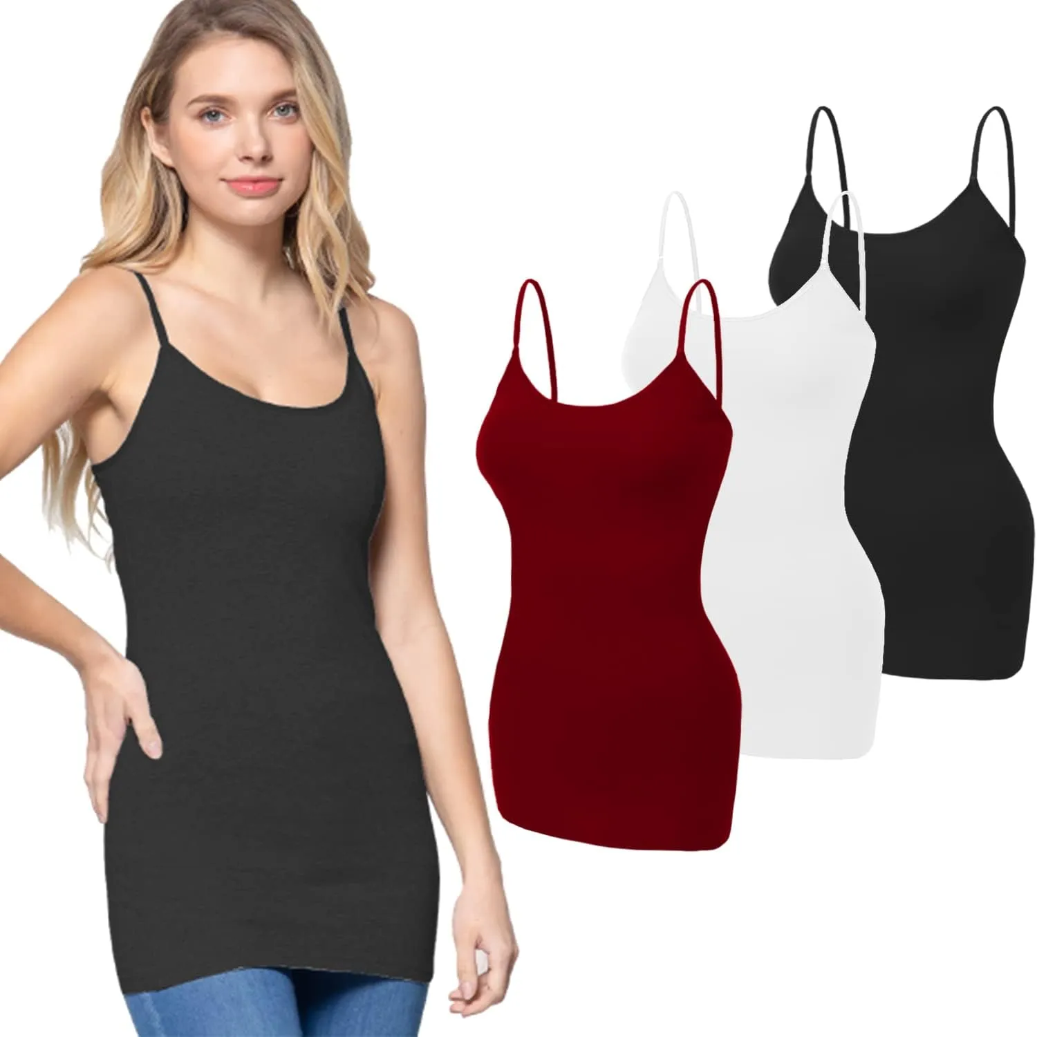 Women's Long Camisole Tank Top Basic Long Length Adjustable Spaghetti Strap Solid Cotton Camisoles Cami Tank Top