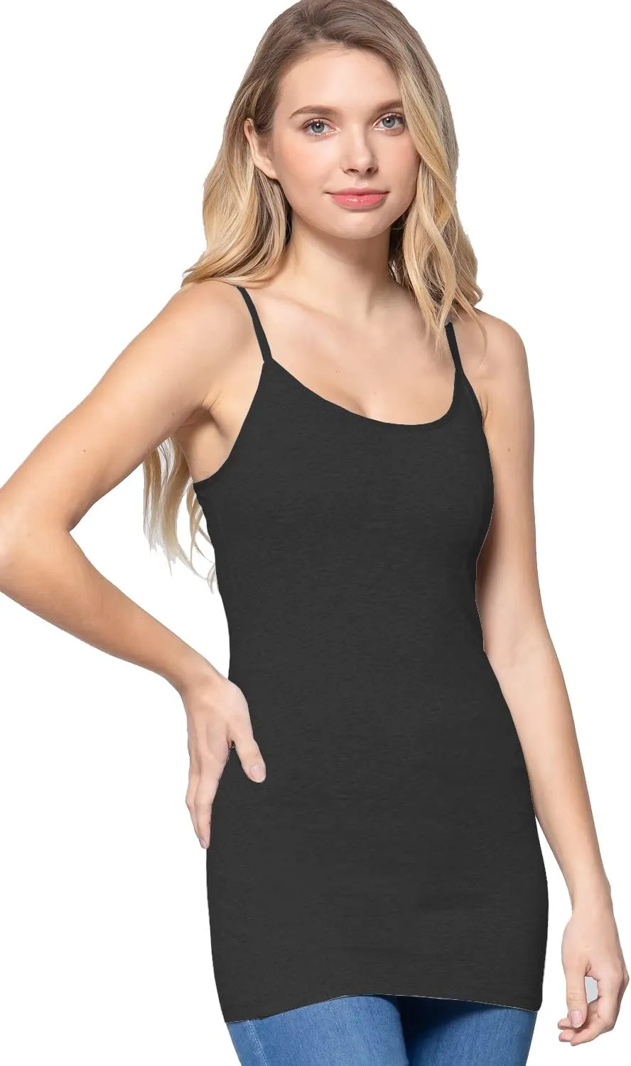 Women's Long Camisole Tank Top Basic Long Length Adjustable Spaghetti Strap Solid Cotton Camisoles Cami Tank Top