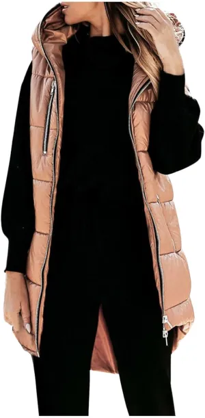 Women's Long Quilted Vest Hooded Full-Zip Sleeveless Down Coat Outwear With Pockets 2024 Winter Warm Padded Jacket