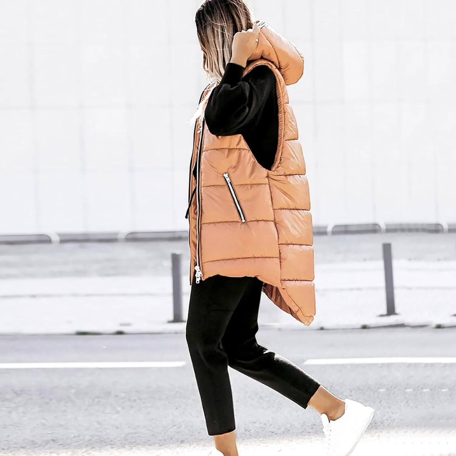 Women's Long Quilted Vest Hooded Full-Zip Sleeveless Down Coat Outwear With Pockets 2024 Winter Warm Padded Jacket