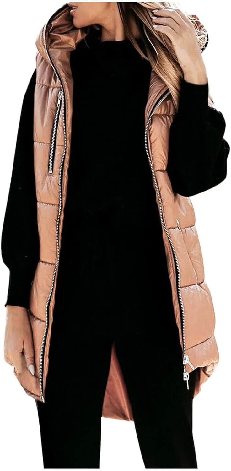 Women's Long Quilted Vest Hooded Full-Zip Sleeveless Down Coat Outwear With Pockets 2024 Winter Warm Padded Jacket