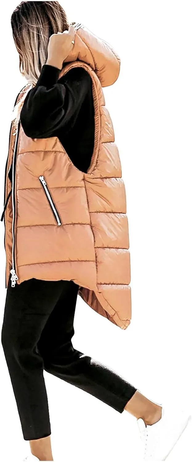 Women's Long Quilted Vest Hooded Full-Zip Sleeveless Down Coat Outwear With Pockets 2024 Winter Warm Padded Jacket