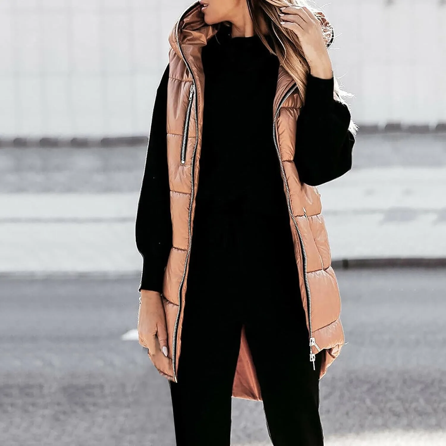 Women's Long Quilted Vest Hooded Full-Zip Sleeveless Down Coat Outwear With Pockets 2024 Winter Warm Padded Jacket