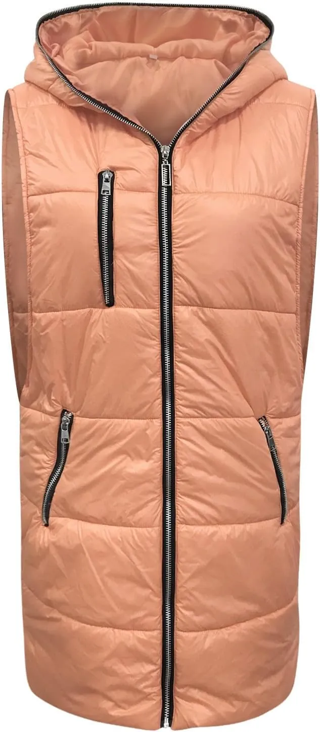 Women's Long Quilted Vest Hooded Full-Zip Sleeveless Down Coat Outwear With Pockets 2024 Winter Warm Padded Jacket