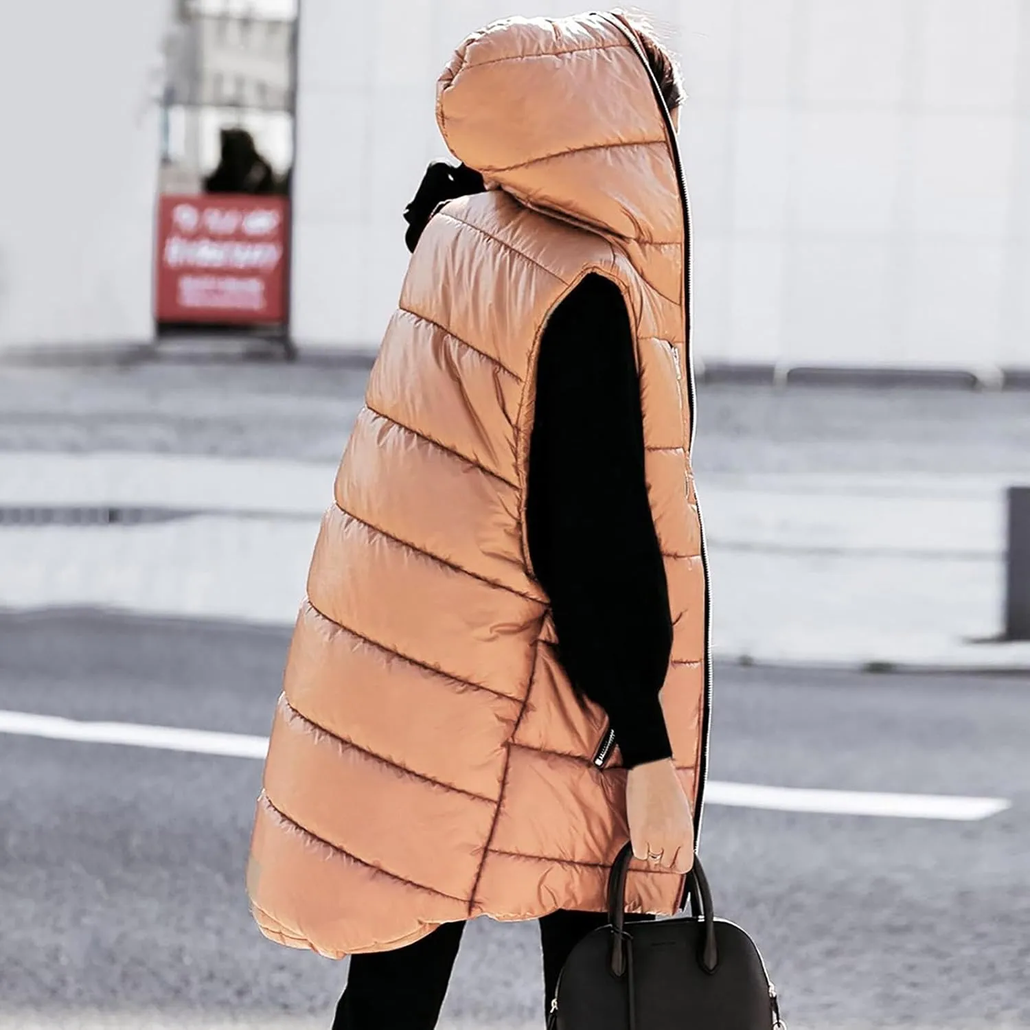 Women's Long Quilted Vest Hooded Full-Zip Sleeveless Down Coat Outwear With Pockets 2024 Winter Warm Padded Jacket