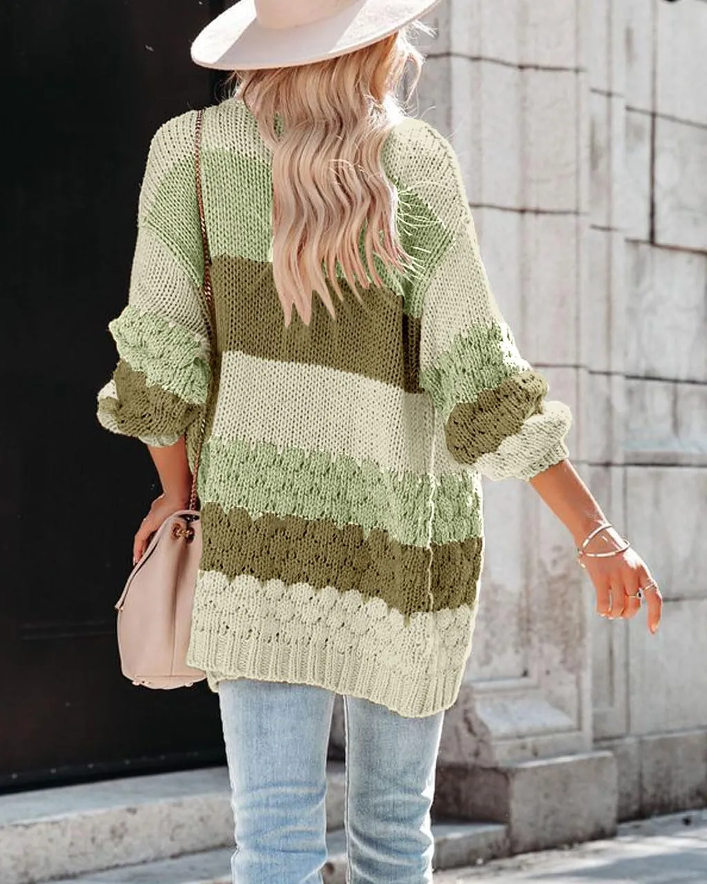 Womens Long Sleeve Color Block Cardigan Striped Open Front Chunky Knit Slouchy Sweaters Outwear Coats