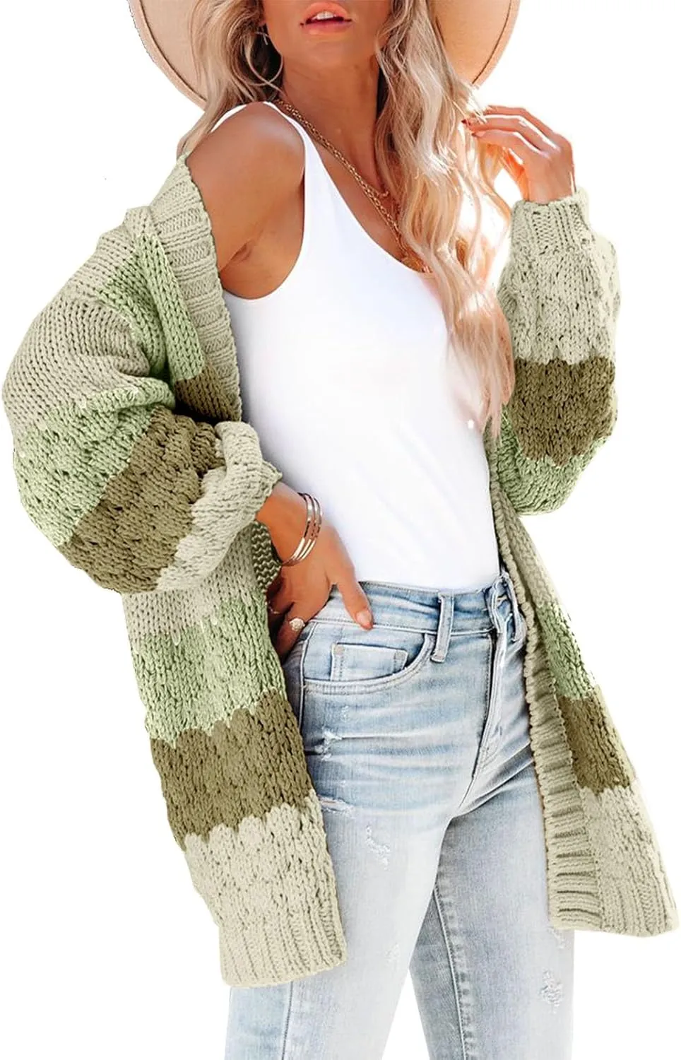 Womens Long Sleeve Color Block Cardigan Striped Open Front Chunky Knit Slouchy Sweaters Outwear Coats