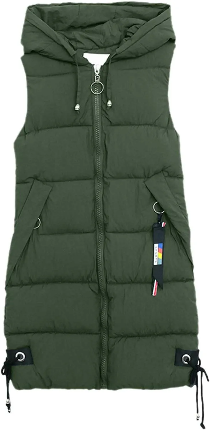 Women's Long Vest Sleeveless Lightweight Puffer Jacket Packable Hooded Down Coat Quilted Vest with Hood Winter