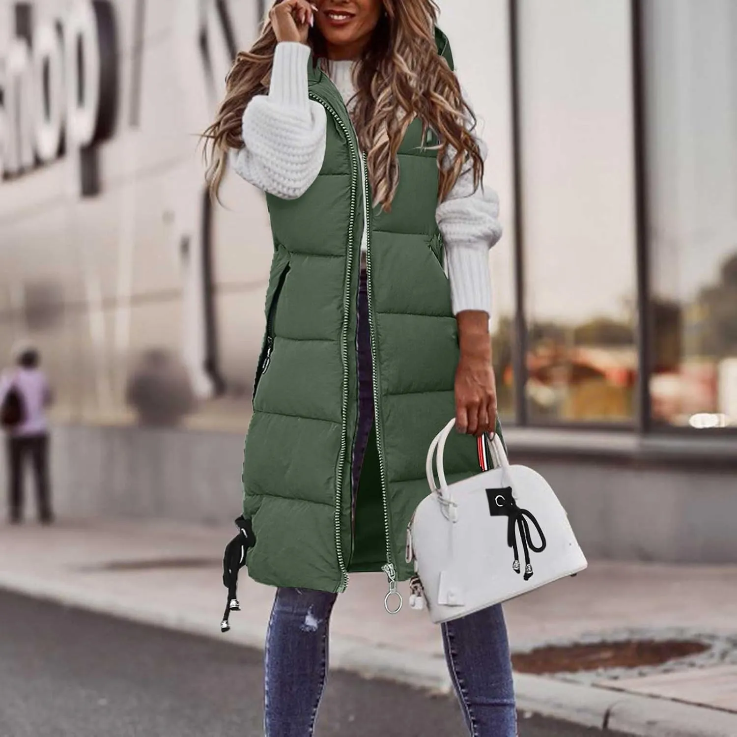 Women's Long Vest Sleeveless Lightweight Puffer Jacket Packable Hooded Down Coat Quilted Vest with Hood Winter