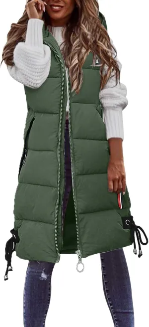 Women's Long Vest Sleeveless Lightweight Puffer Jacket Packable Hooded Down Coat Quilted Vest with Hood Winter
