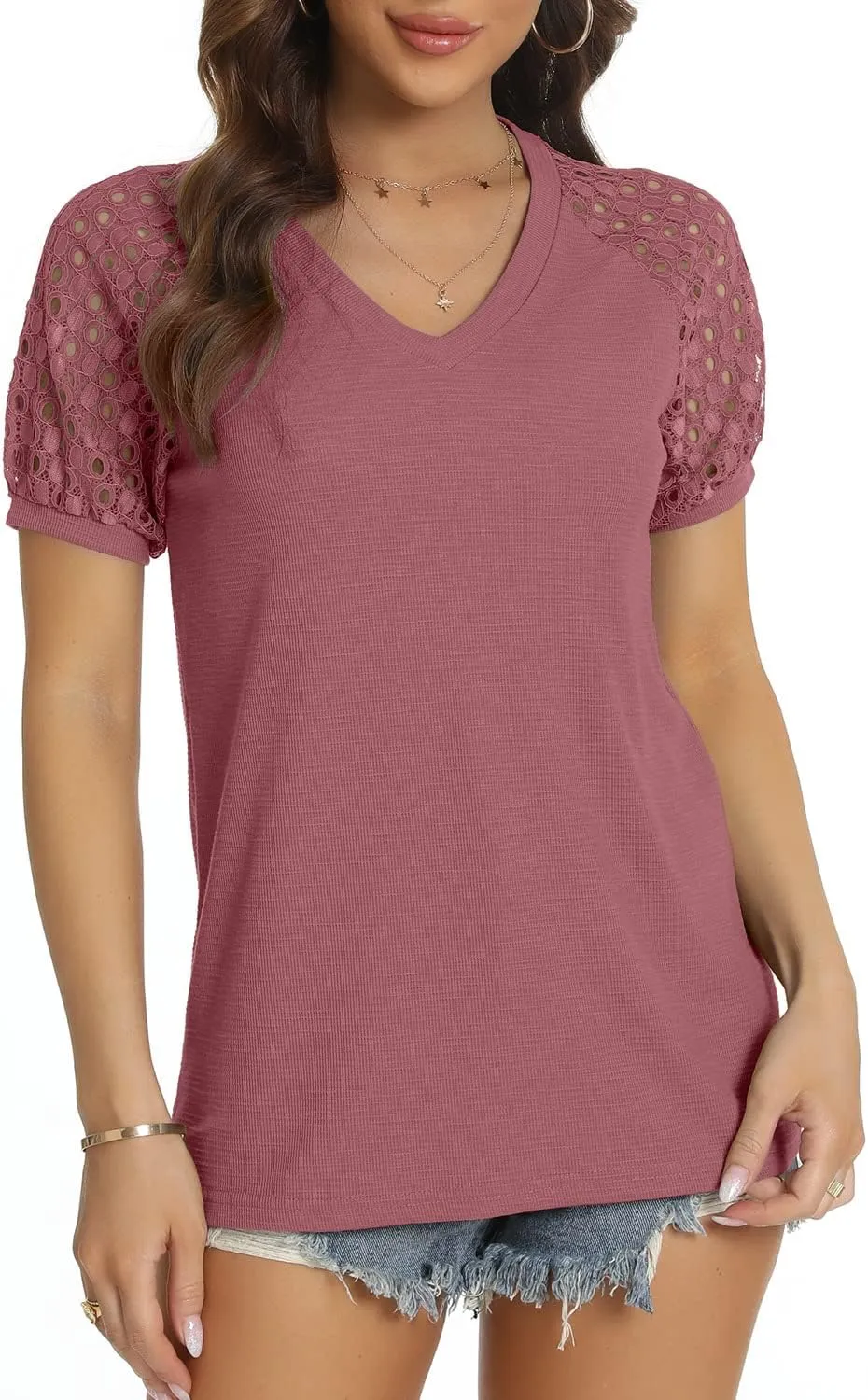 Womens Long/Short Sleeve Tops Lace Shirt Casual Loose T Shirts Blouses