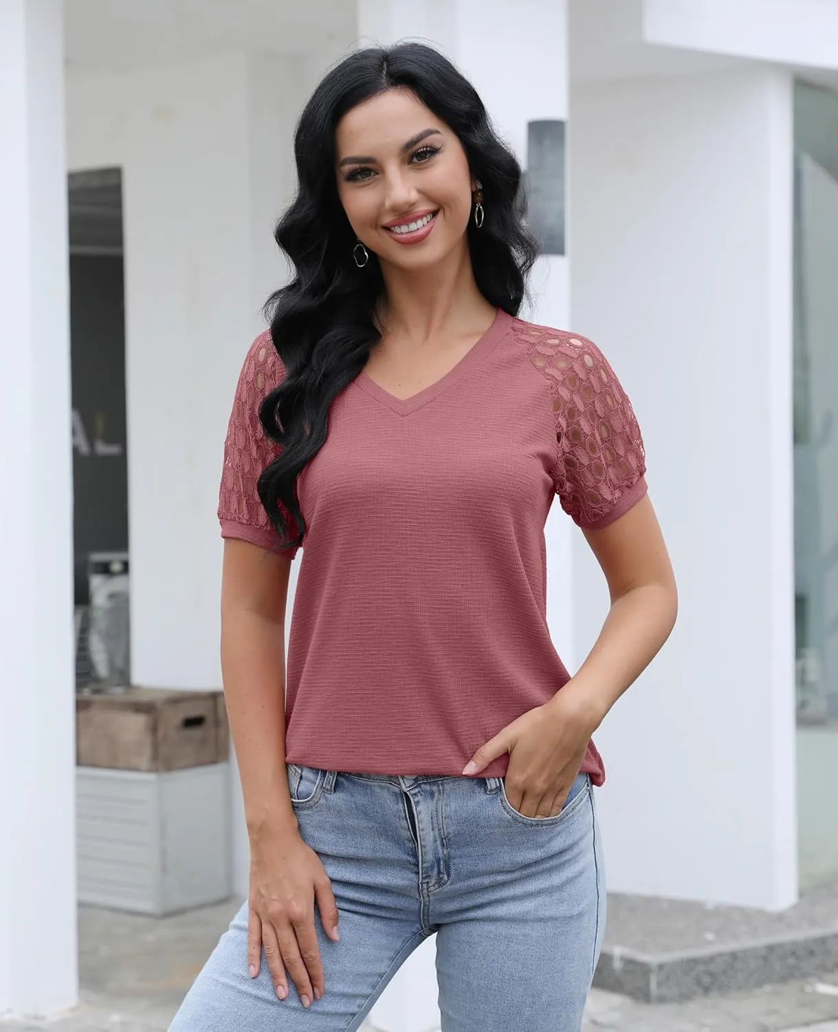 Womens Long/Short Sleeve Tops Lace Shirt Casual Loose T Shirts Blouses