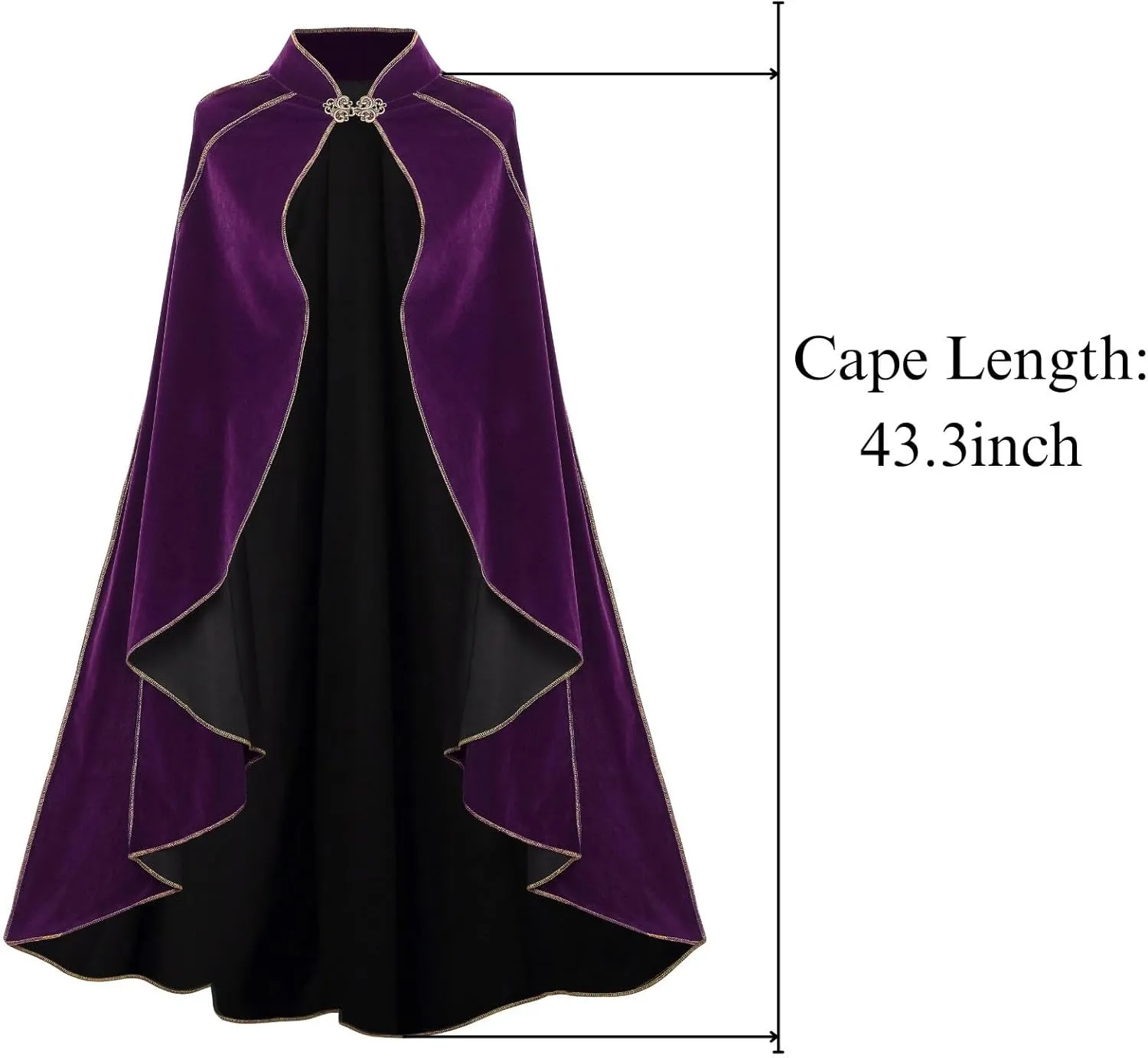 Womens Medieval Cloak Renaissance Victorian Deluxe Stand Collar Velvet Gold Trim Cape for Adult Halloween Cosplay