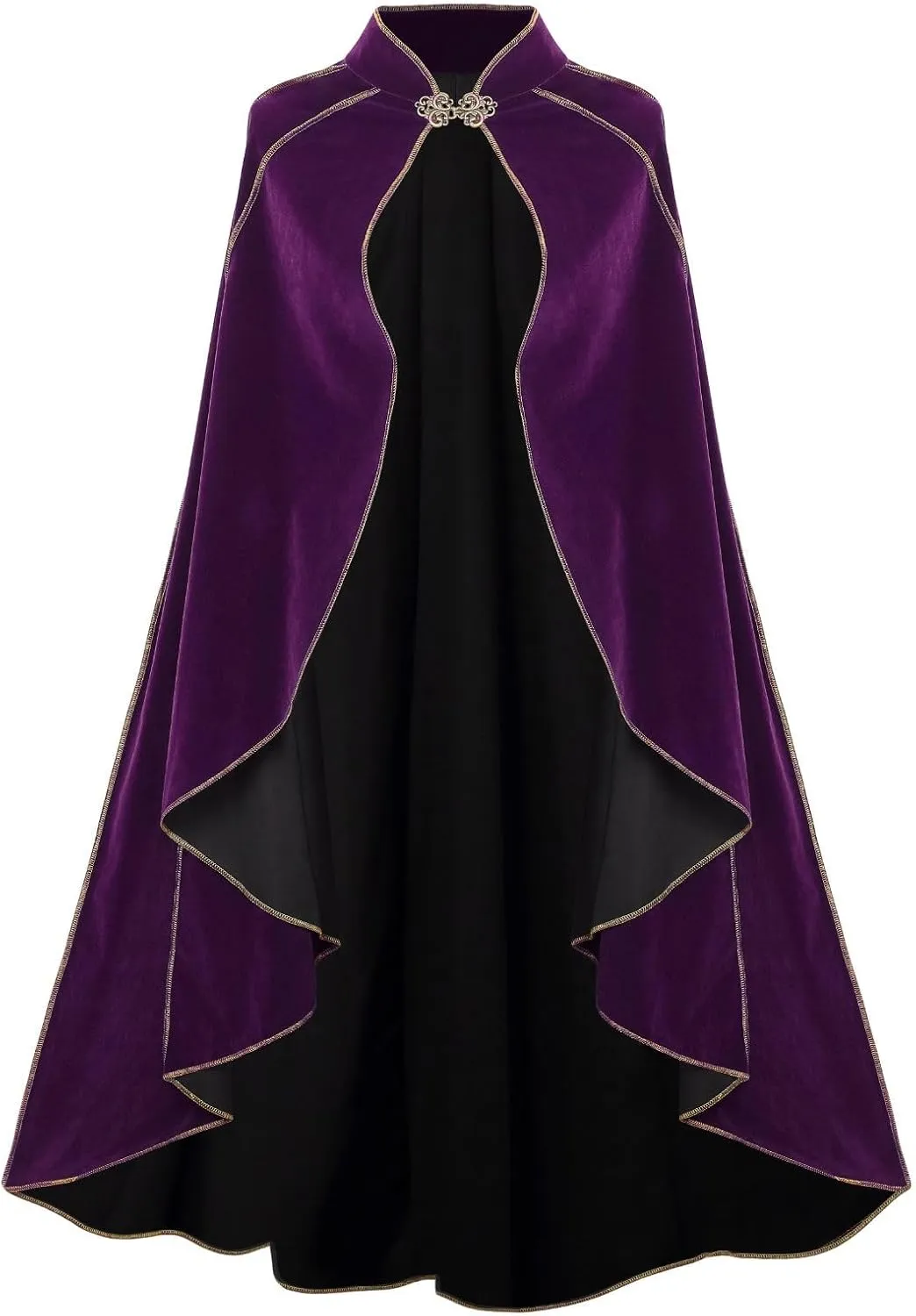 Womens Medieval Cloak Renaissance Victorian Deluxe Stand Collar Velvet Gold Trim Cape for Adult Halloween Cosplay