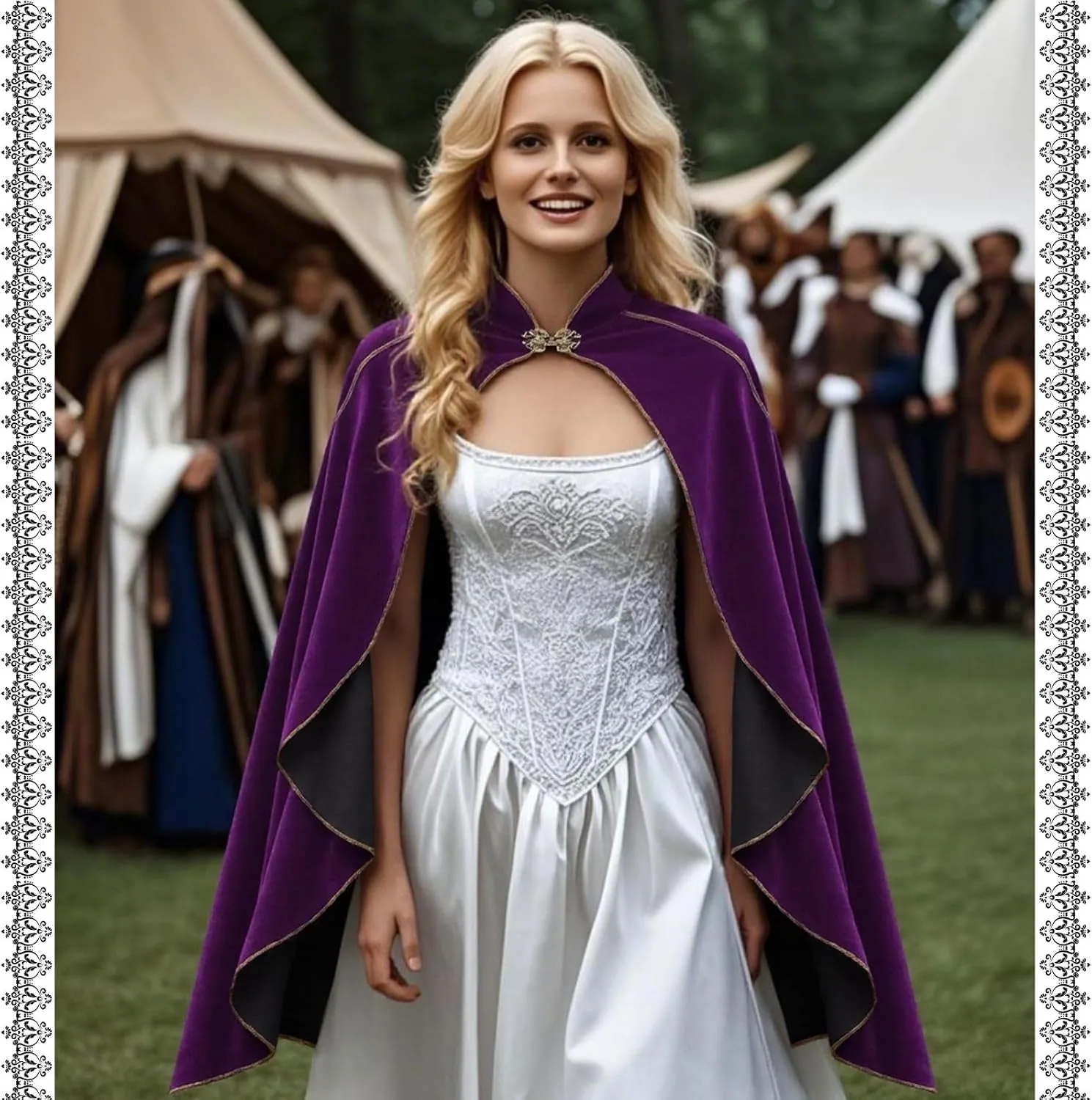Womens Medieval Cloak Renaissance Victorian Deluxe Stand Collar Velvet Gold Trim Cape for Adult Halloween Cosplay