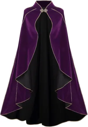 Womens Medieval Cloak Renaissance Victorian Deluxe Stand Collar Velvet Gold Trim Cape for Adult Halloween Cosplay