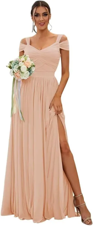 Women's Off Shoulder Bridesmaid Dress for Wedding Flowy Chiffon Ruched V-Neck Long Formal Evening Gown with Silt