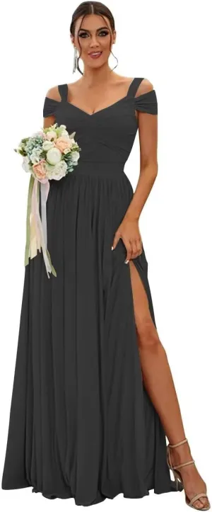 Women's Off Shoulder Bridesmaid Dress for Wedding Flowy Chiffon Ruched V-Neck Long Formal Evening Gown with Silt