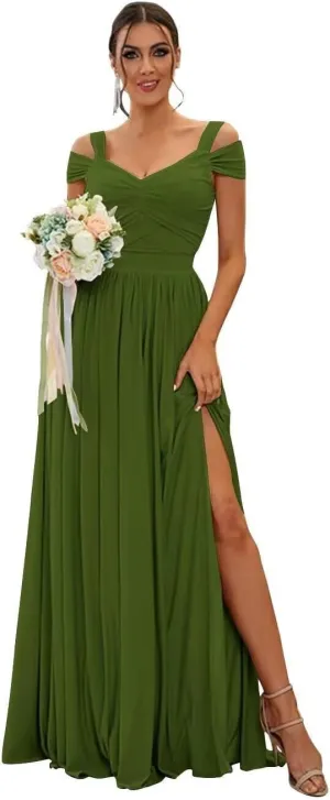 Women's Off Shoulder Bridesmaid Dress for Wedding Flowy Chiffon Ruched V-Neck Long Formal Evening Gown with Silt