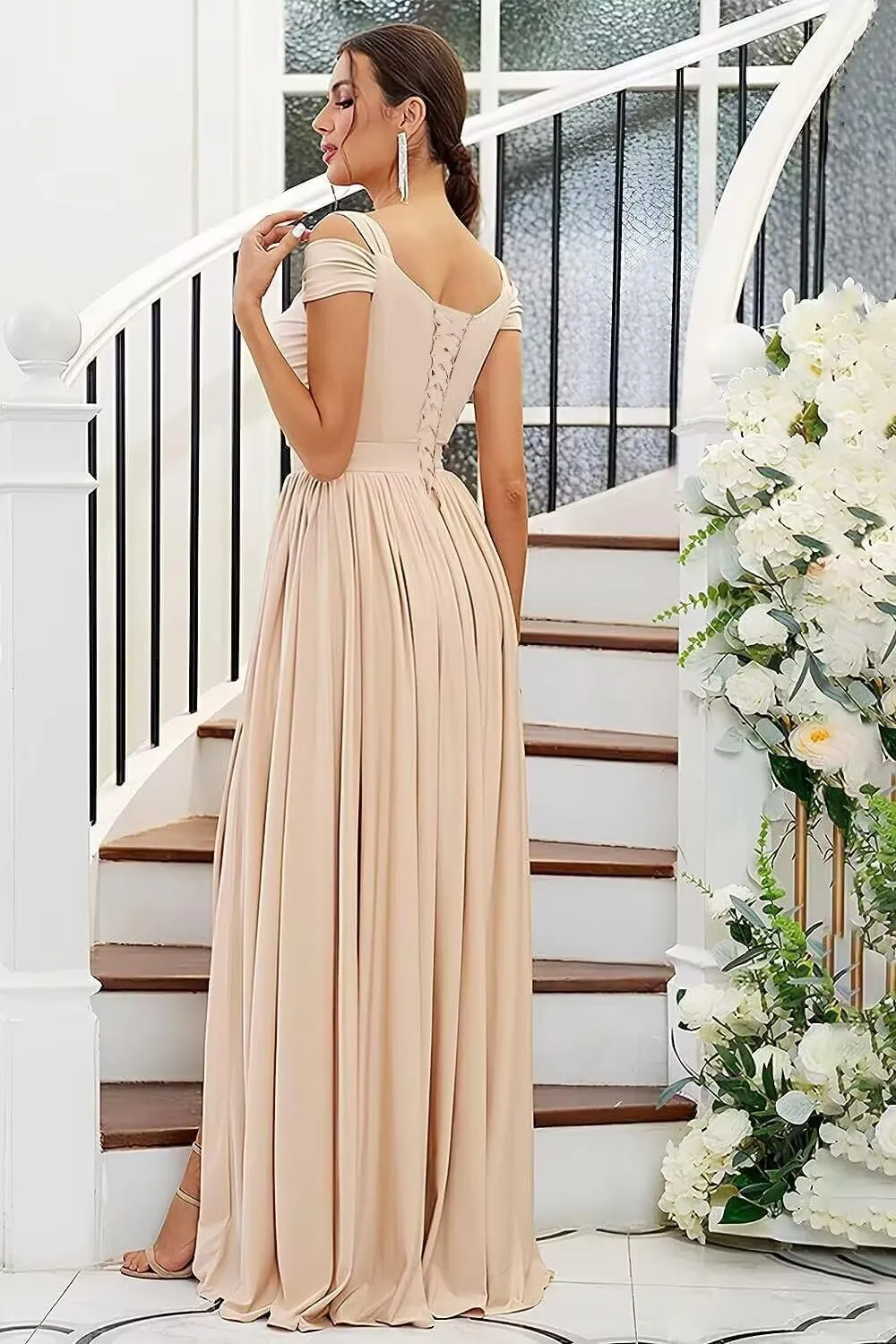 Women's Off Shoulder Bridesmaid Dress for Wedding Flowy Chiffon Ruched V-Neck Long Formal Evening Gown with Silt