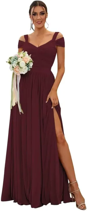 Women's Off Shoulder Bridesmaid Dress for Wedding Flowy Chiffon Ruched V-Neck Long Formal Evening Gown with Silt