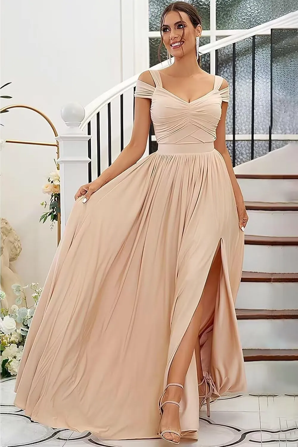 Women's Off Shoulder Bridesmaid Dress for Wedding Flowy Chiffon Ruched V-Neck Long Formal Evening Gown with Silt