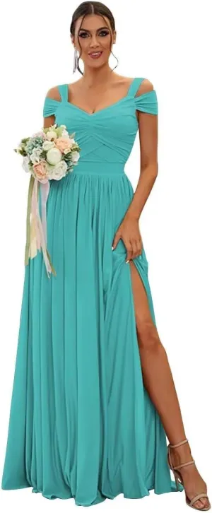 Women's Off Shoulder Bridesmaid Dress for Wedding Flowy Chiffon Ruched V-Neck Long Formal Evening Gown with Silt